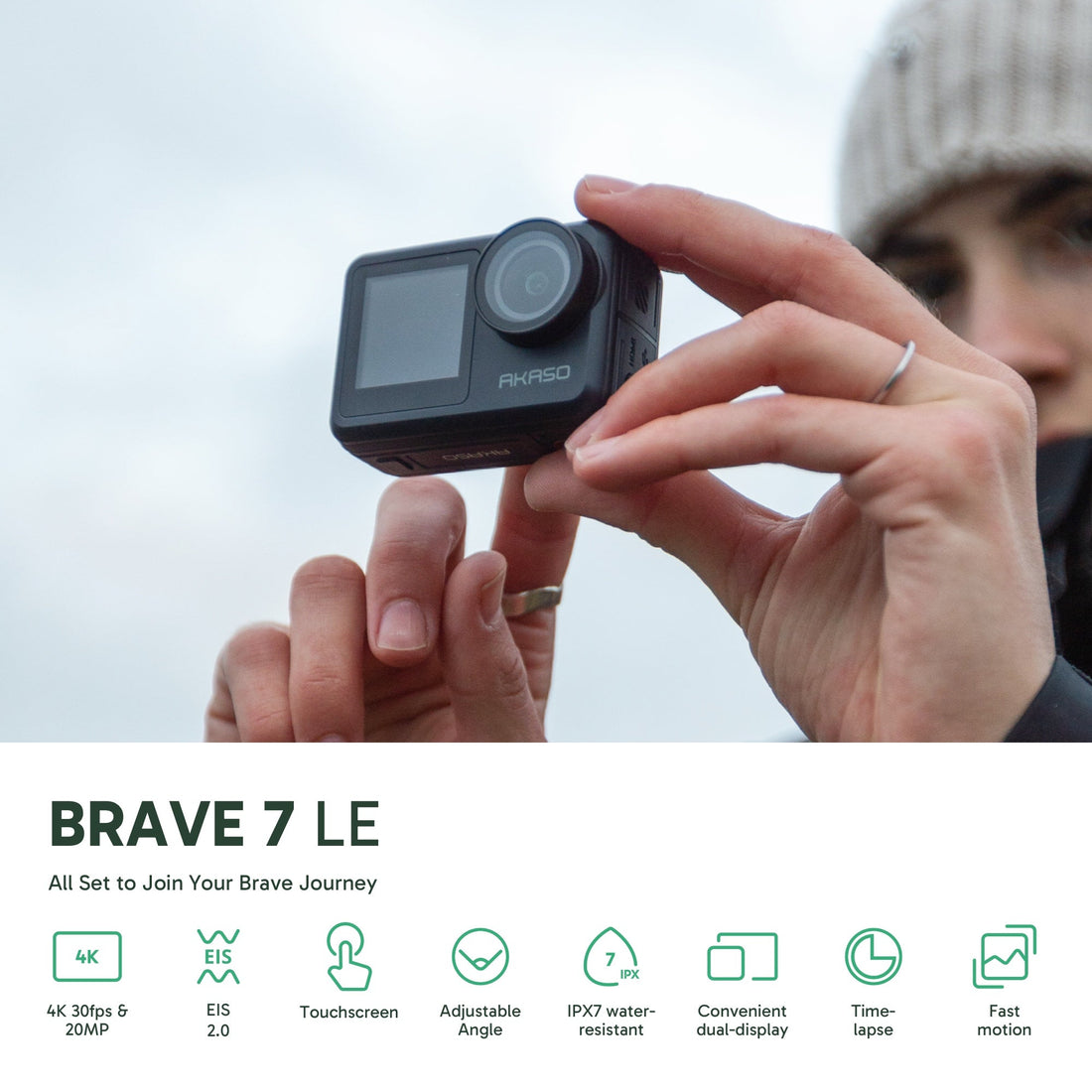 AKASO Brave 7 LE 4K Action Camera with Touch Screen | 20MP | EIS 2.0 | Waterproof up to 131ft | Dual Display